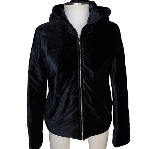 RALPH LAUREN size S black quilted hooded velour zip front jacket - Picture 2 of 6